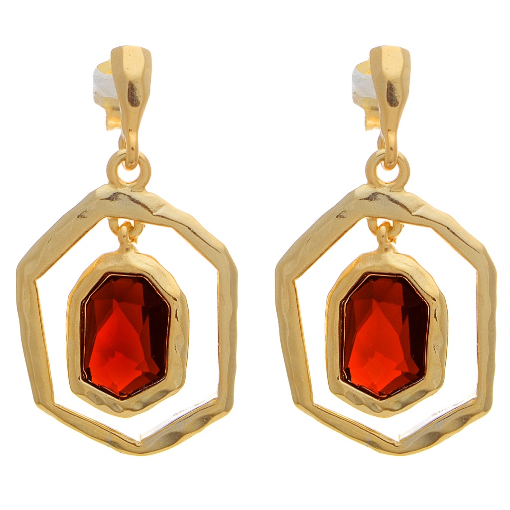 New Gold On Sterling Hammered Ruby Cz Earrings